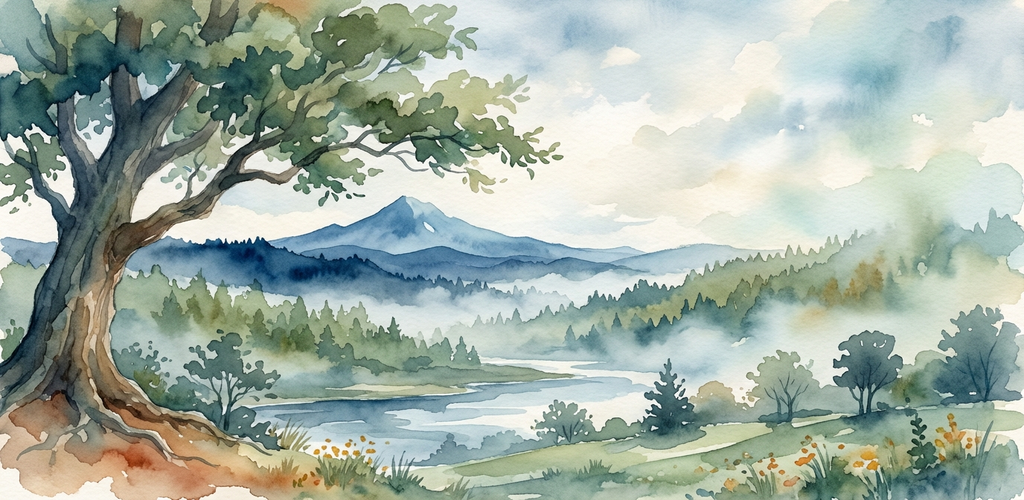 Portland Heritage Trees - Pacific Northwest watercolor landscape with heritage oak tree